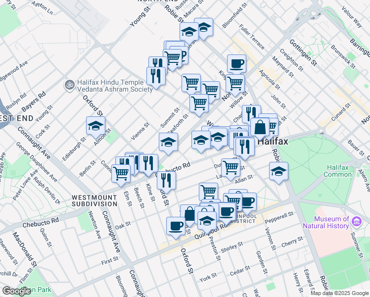 map of restaurants, bars, coffee shops, grocery stores, and more near 6307 Willow Street in Halifax