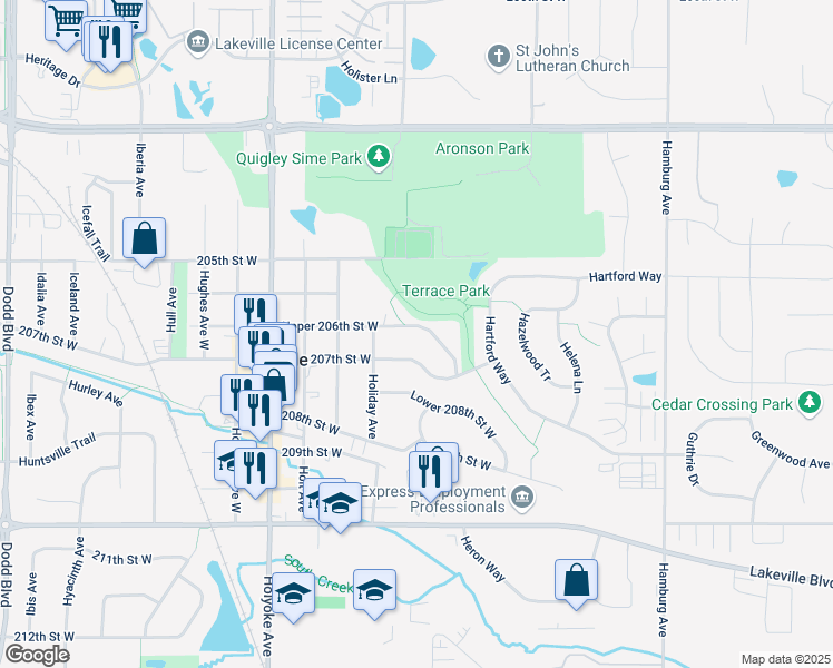 map of restaurants, bars, coffee shops, grocery stores, and more near 8460 Upper 206th Street West in Lakeville