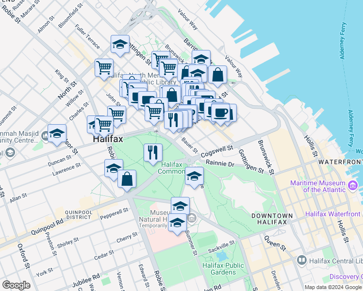 map of restaurants, bars, coffee shops, grocery stores, and more near 2051 North Park Street in Halifax