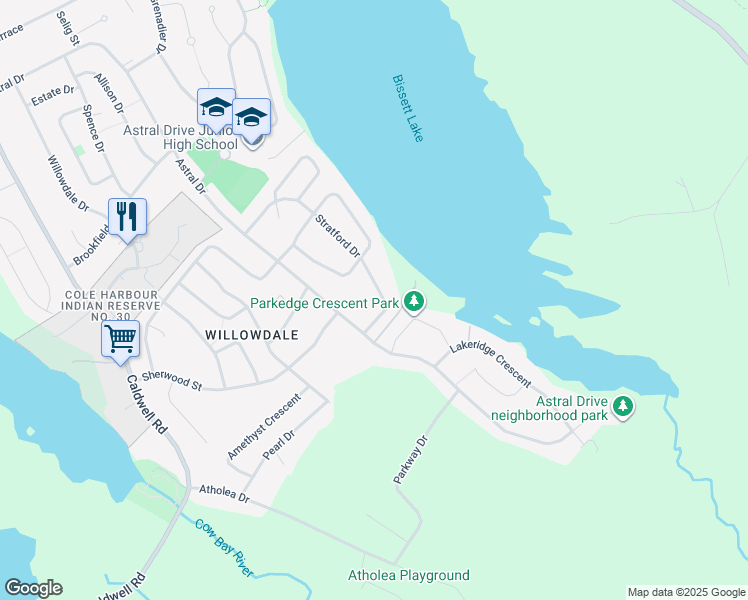 map of restaurants, bars, coffee shops, grocery stores, and more near 32 Stratford Drive in Dartmouth