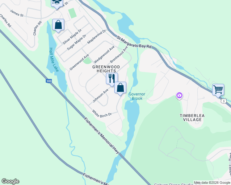 map of restaurants, bars, coffee shops, grocery stores, and more near 32 Eisener Street in Timberlea