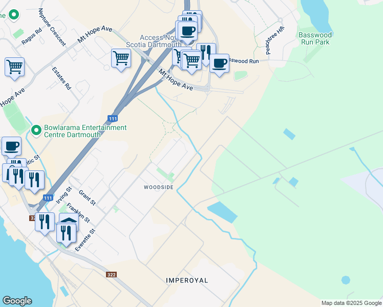 map of restaurants, bars, coffee shops, grocery stores, and more near 44 Brompton Road in Dartmouth
