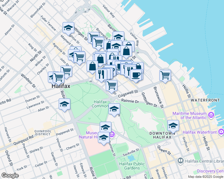 map of restaurants, bars, coffee shops, grocery stores, and more near 2083 Bauer Street in Halifax