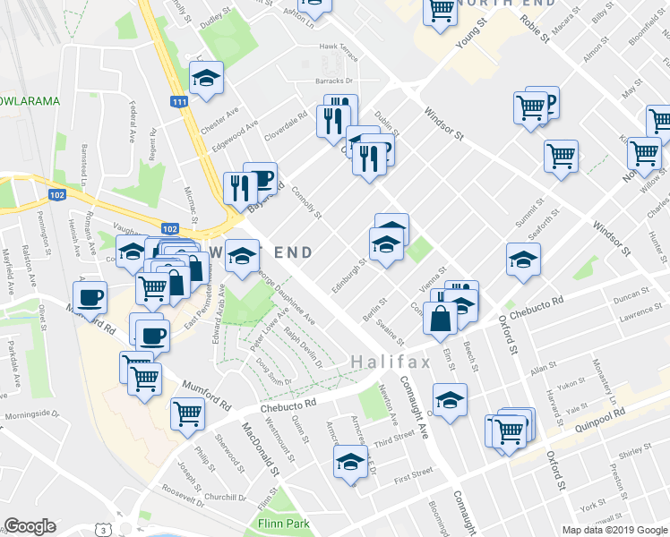 map of restaurants, bars, coffee shops, grocery stores, and more near 6548 London Street in Halifax