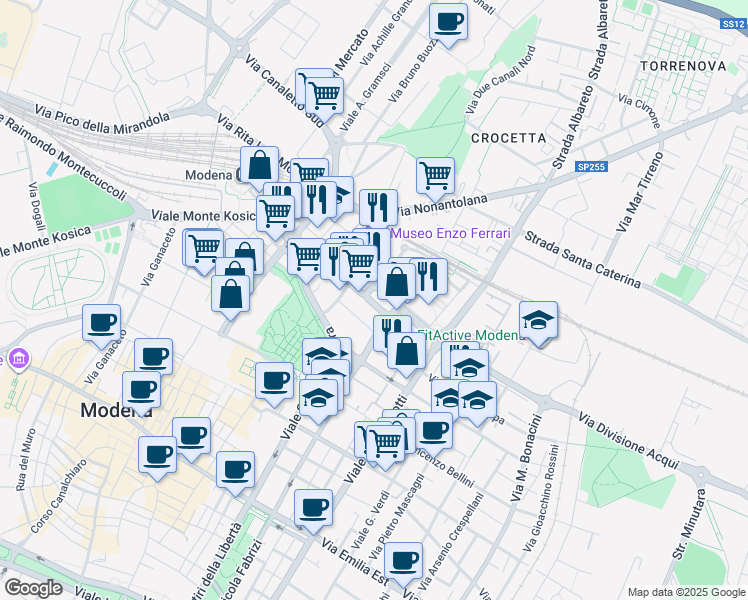 map of restaurants, bars, coffee shops, grocery stores, and more near 85 Via Piave in Modena