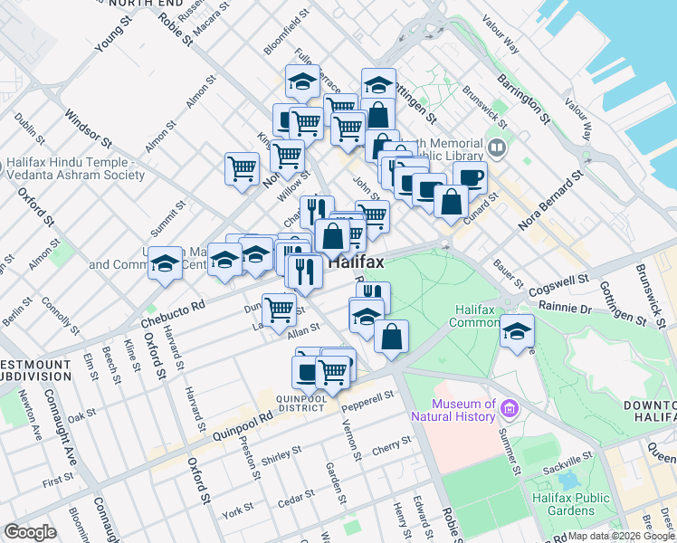 map of restaurants, bars, coffee shops, grocery stores, and more near 6028 Cunard Street in Halifax