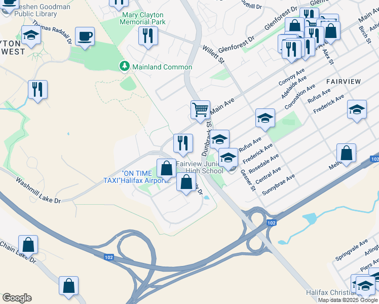 map of restaurants, bars, coffee shops, grocery stores, and more near 33 Veronica Drive in Halifax