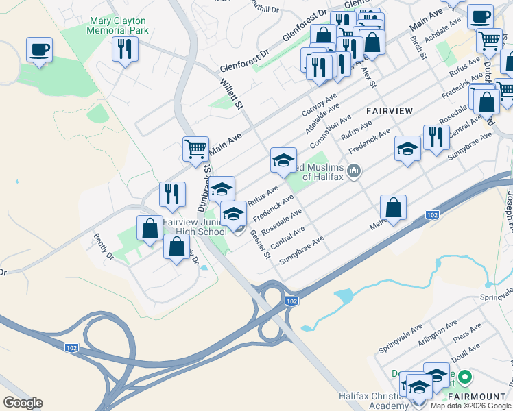 map of restaurants, bars, coffee shops, grocery stores, and more near 152 Rufus Avenue in Halifax
