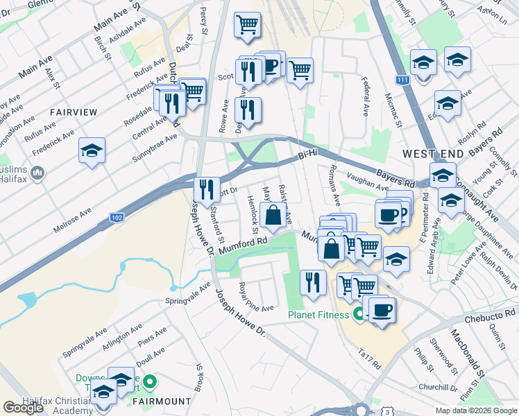 map of restaurants, bars, coffee shops, grocery stores, and more near 3169 Hemlock Street in Halifax