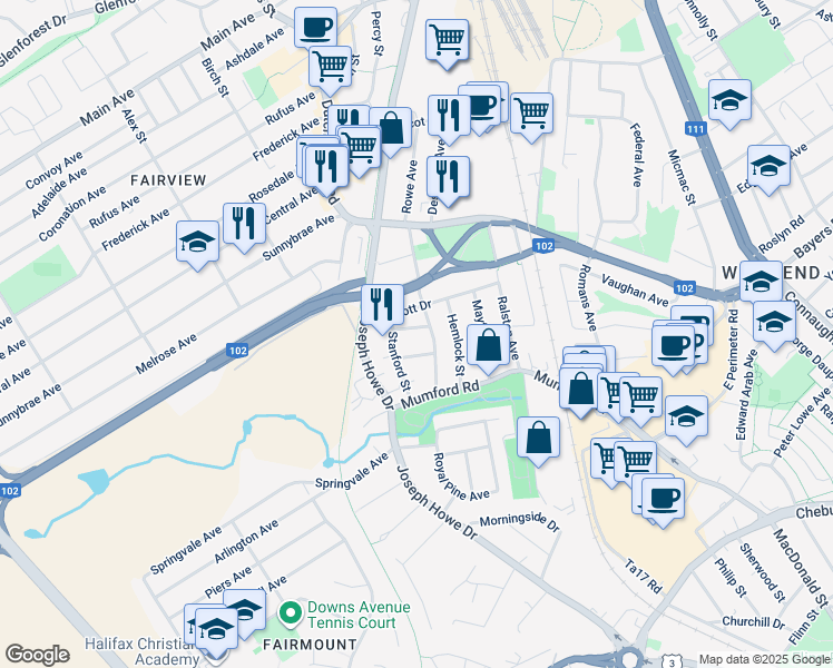 map of restaurants, bars, coffee shops, grocery stores, and more near 7120 Ernst Avenue in Halifax
