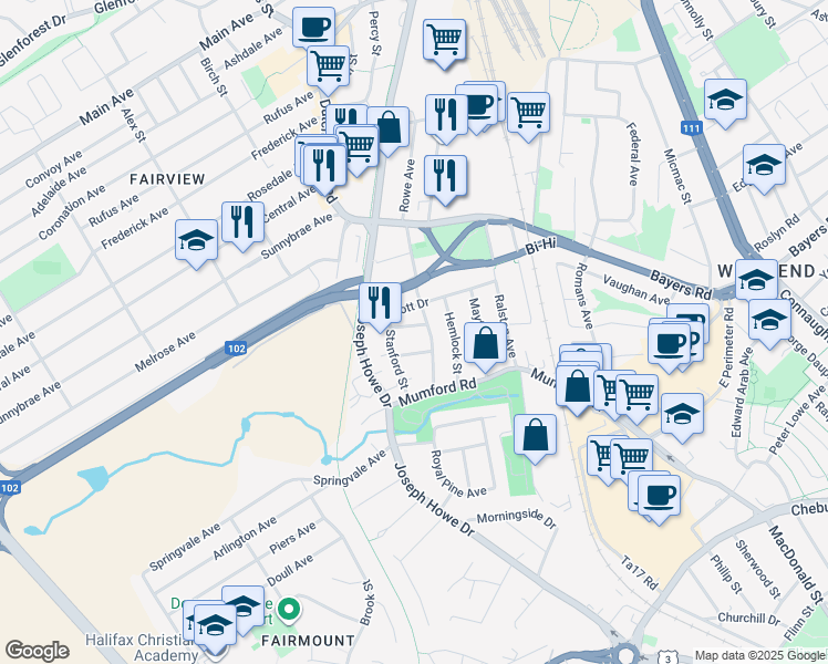 map of restaurants, bars, coffee shops, grocery stores, and more near 7120 Ernst Avenue in Halifax