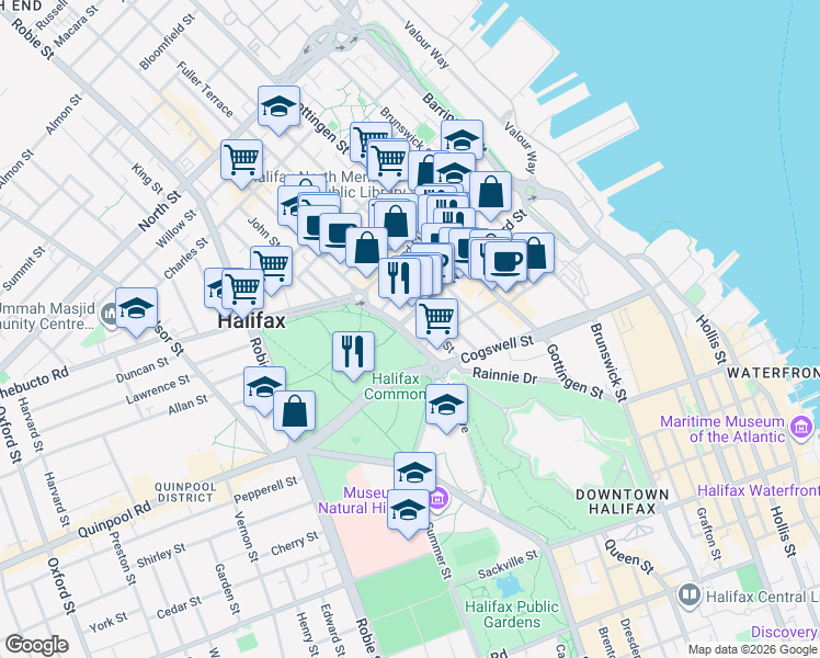map of restaurants, bars, coffee shops, grocery stores, and more near 2067 North Park Street in Halifax