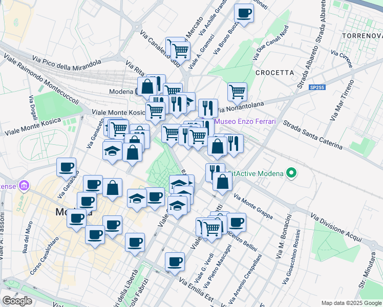 map of restaurants, bars, coffee shops, grocery stores, and more near 16 Via Giovanni Muzzioli in Modena
