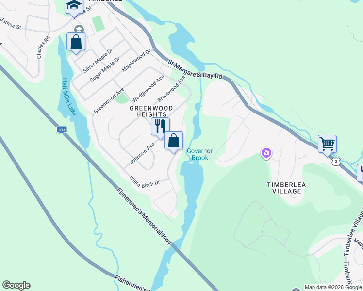 map of restaurants, bars, coffee shops, grocery stores, and more near 58 Riverwood Drive in Timberlea