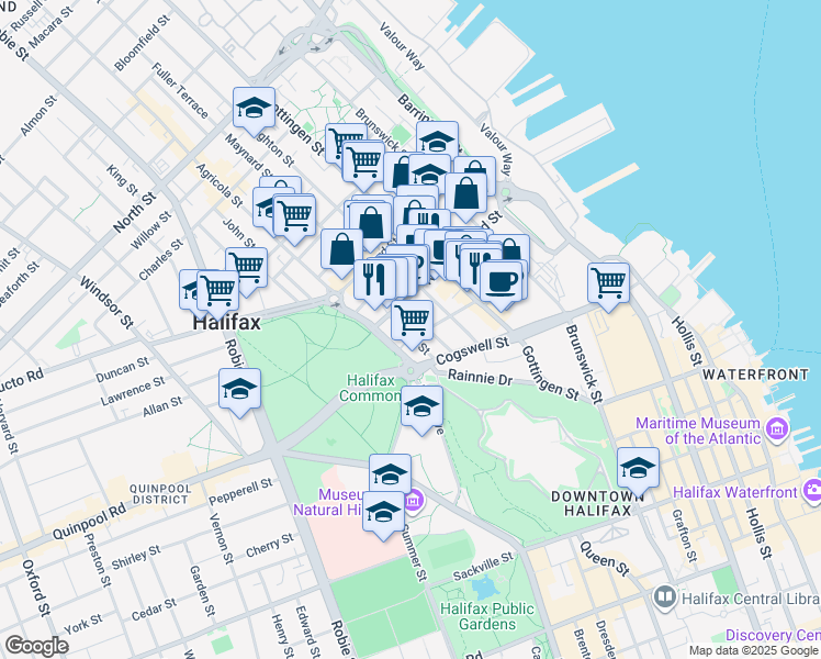 map of restaurants, bars, coffee shops, grocery stores, and more near 2095 Bauer Street in Halifax