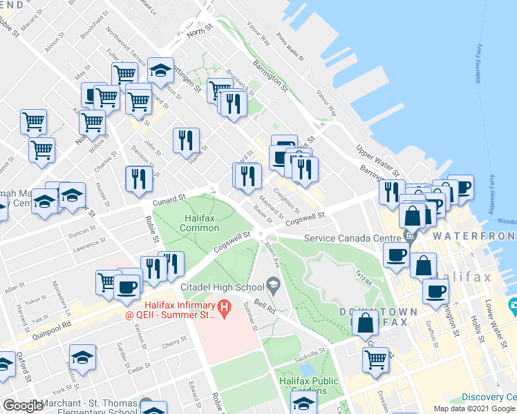map of restaurants, bars, coffee shops, grocery stores, and more near 2095 Bauer Street in Halifax