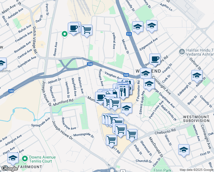 map of restaurants, bars, coffee shops, grocery stores, and more near 6940 Cook Avenue in Halifax