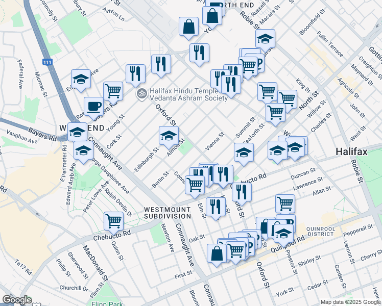 map of restaurants, bars, coffee shops, grocery stores, and more near 6422 Berlin Street in Halifax