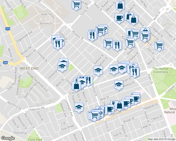 map of restaurants, bars, coffee shops, grocery stores, and more near 6368 Summit Street in Halifax