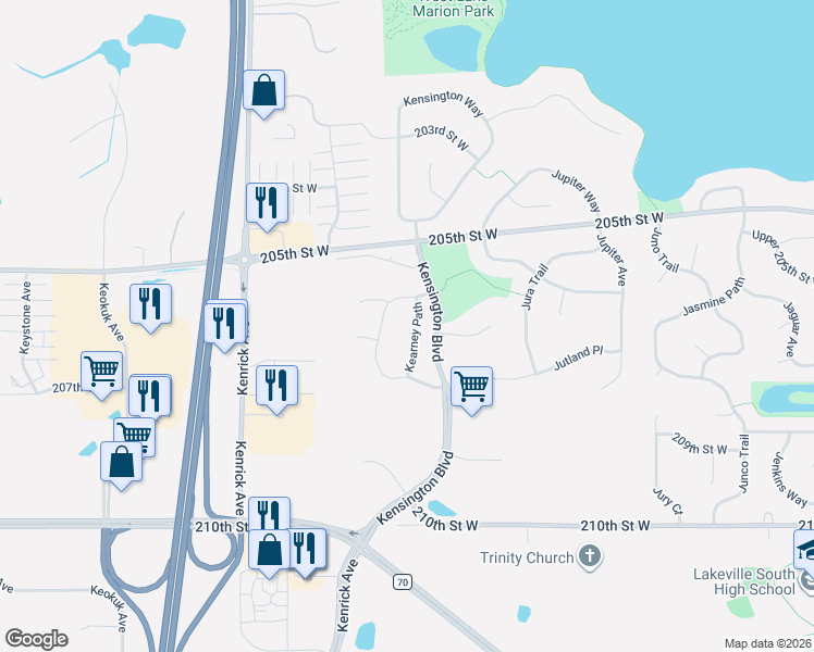 map of restaurants, bars, coffee shops, grocery stores, and more near 20596 Kearney Path in Lakeville