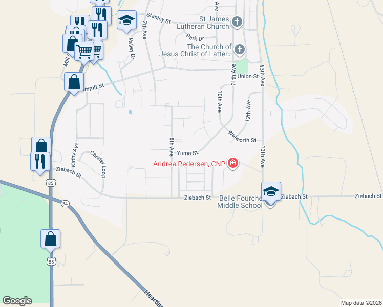 map of restaurants, bars, coffee shops, grocery stores, and more near 902 Yuma Street in Belle Fourche