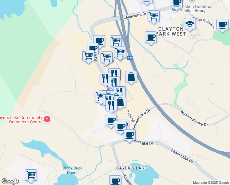 map of restaurants, bars, coffee shops, grocery stores, and more near 196b Chain Lake Drive in Halifax