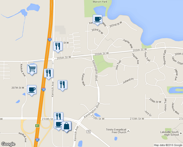 map of restaurants, bars, coffee shops, grocery stores, and more near 20596 Kearney Path in Lakeville