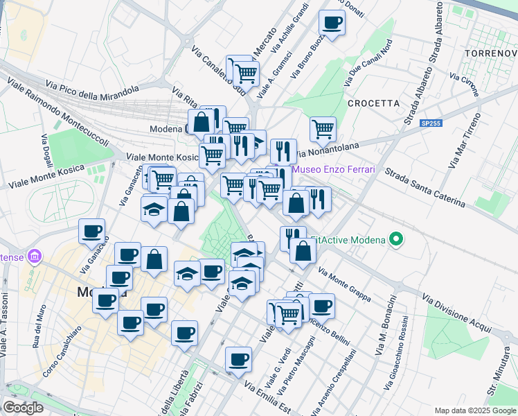 map of restaurants, bars, coffee shops, grocery stores, and more near 16 Via Giovanni Muzzioli in Modena