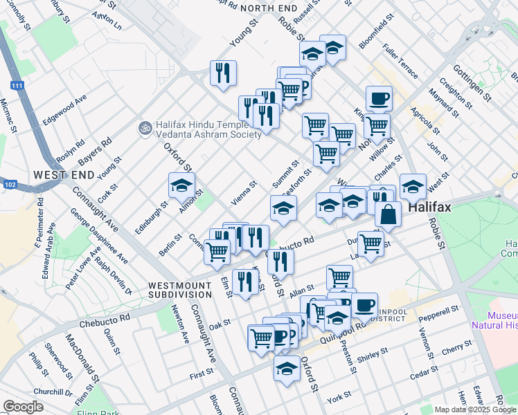 map of restaurants, bars, coffee shops, grocery stores, and more near 6368 Summit Street in Halifax