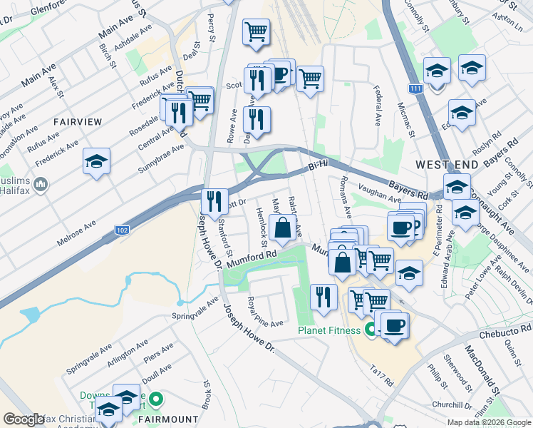 map of restaurants, bars, coffee shops, grocery stores, and more near 3181 Hemlock Street in Halifax
