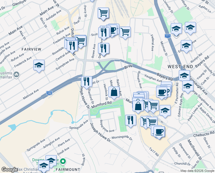 map of restaurants, bars, coffee shops, grocery stores, and more near 3181 Hemlock Street in Halifax