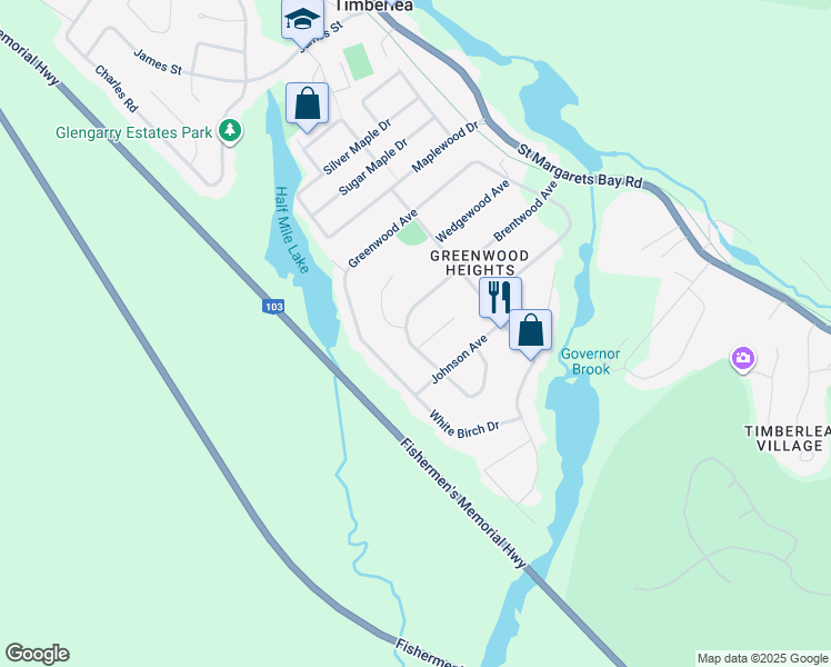 map of restaurants, bars, coffee shops, grocery stores, and more near 154 Brentwood Avenue in Timberlea
