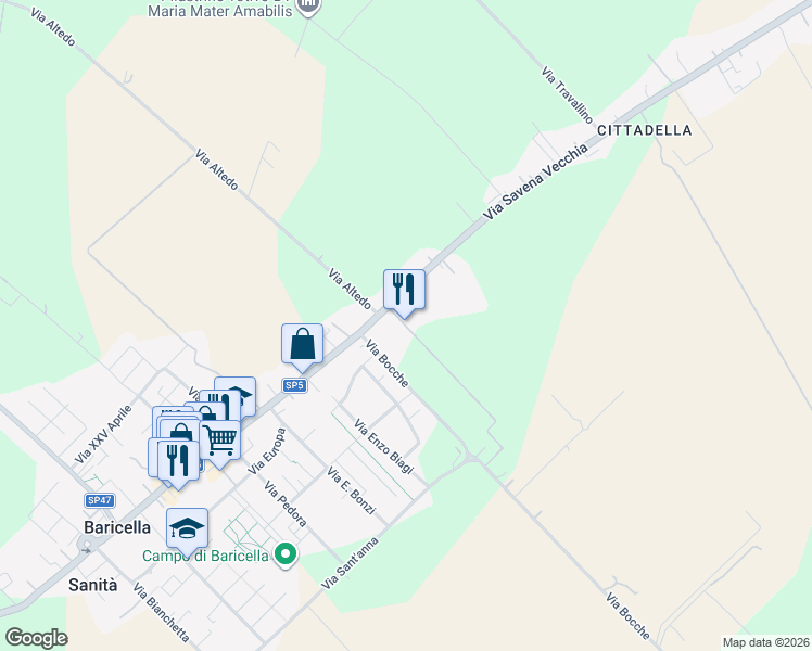 map of restaurants, bars, coffee shops, grocery stores, and more near 65 Via Savena Vecchia in Baricella