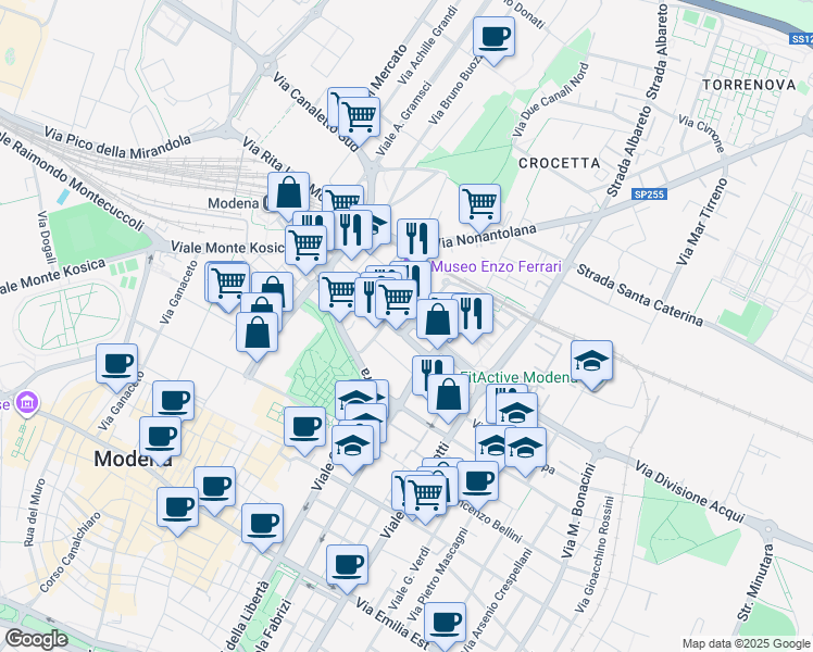 map of restaurants, bars, coffee shops, grocery stores, and more near 85 Via Piave in Modena