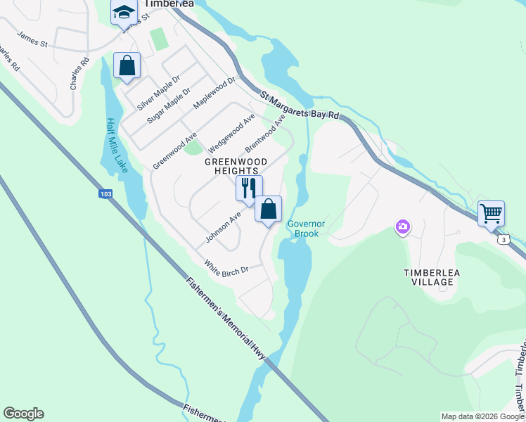 map of restaurants, bars, coffee shops, grocery stores, and more near 32 Eisener Street in Timberlea