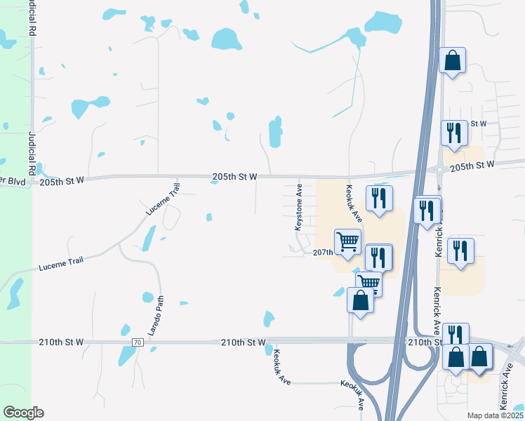 map of restaurants, bars, coffee shops, grocery stores, and more near 11768 205th Street West in Lakeville