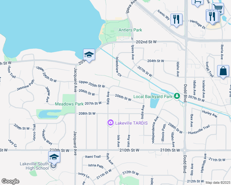 map of restaurants, bars, coffee shops, grocery stores, and more near 9721 206th Street West in Lakeville