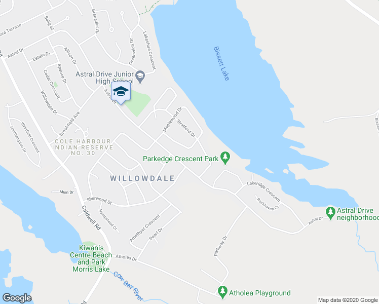 map of restaurants, bars, coffee shops, grocery stores, and more near 144 Pinewood Crescent in Dartmouth