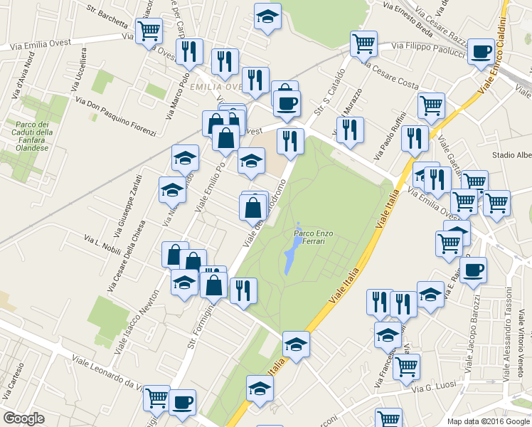 map of restaurants, bars, coffee shops, grocery stores, and more near Viale dell'Autodromo in Modena