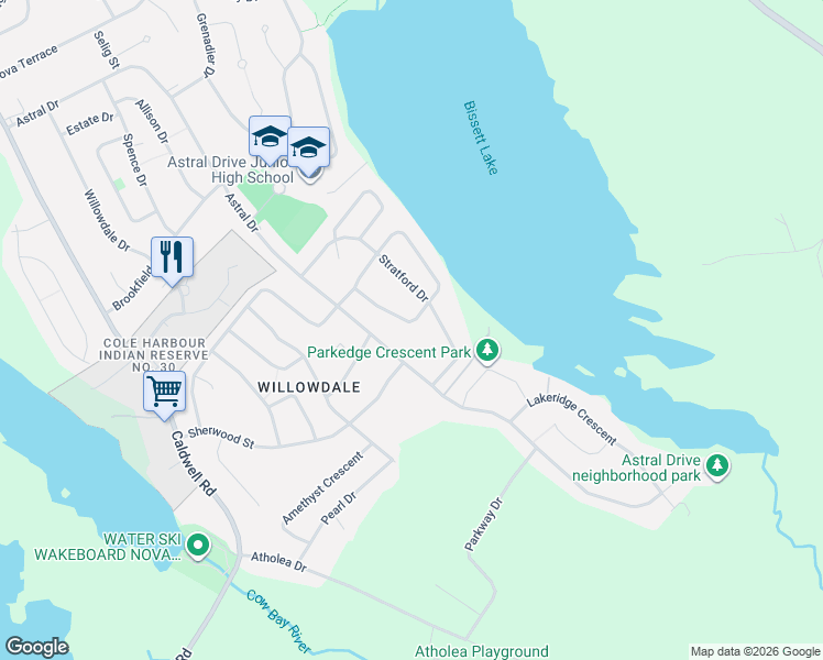 map of restaurants, bars, coffee shops, grocery stores, and more near 144 Pinewood Crescent in Dartmouth