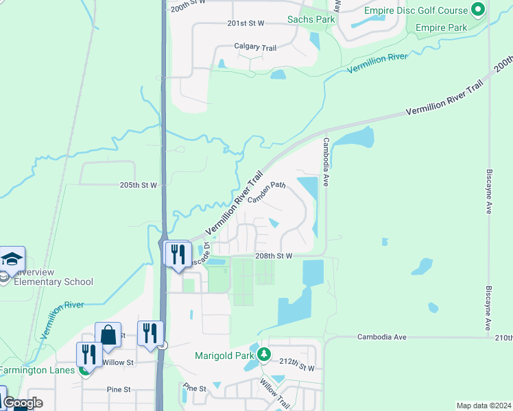 map of restaurants, bars, coffee shops, grocery stores, and more near 20513 Camden Path in Farmington