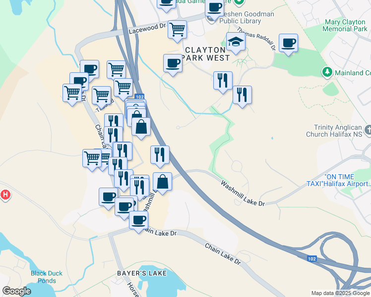 map of restaurants, bars, coffee shops, grocery stores, and more near 110 Greenpark Close in Halifax