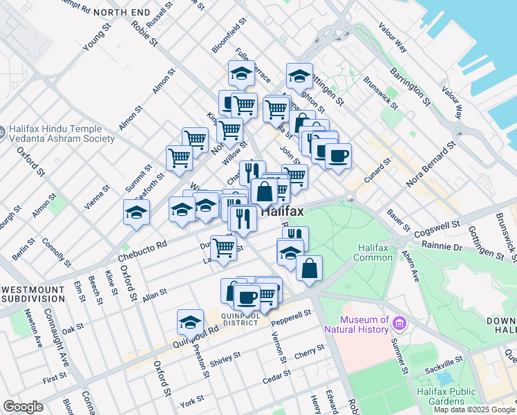 map of restaurants, bars, coffee shops, grocery stores, and more near in Halifax