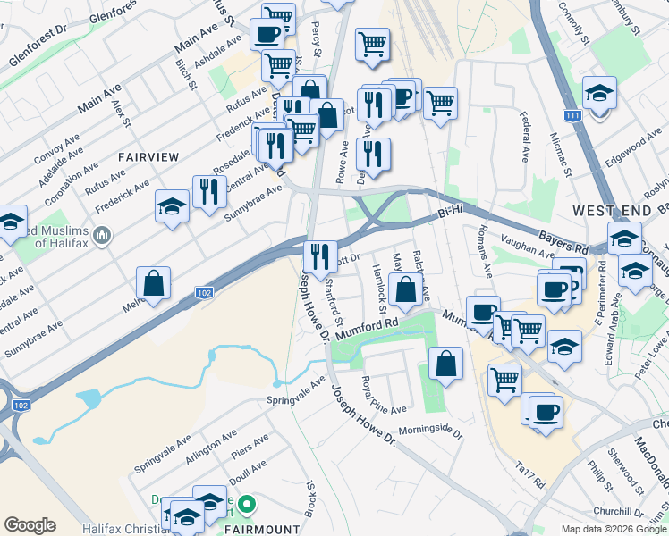 map of restaurants, bars, coffee shops, grocery stores, and more near 7142 Abbott Drive in Halifax