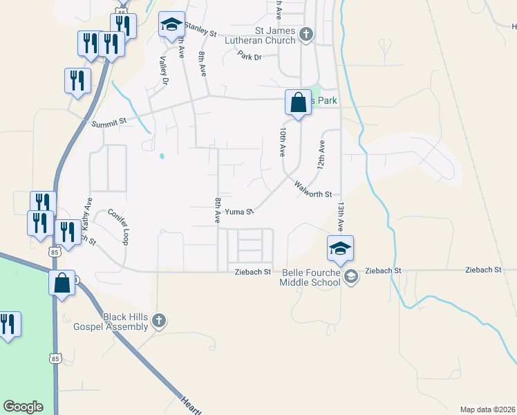 map of restaurants, bars, coffee shops, grocery stores, and more near 1014 Yuma St in Belle Fourche