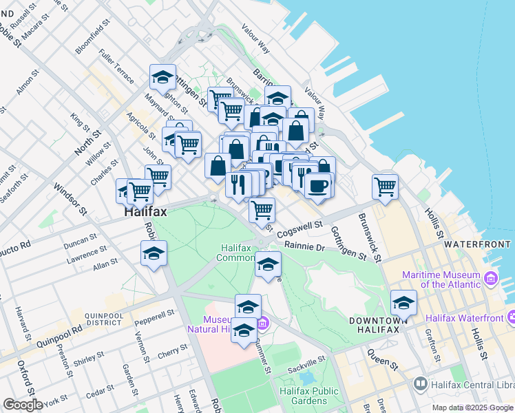 map of restaurants, bars, coffee shops, grocery stores, and more near 2083 Bauer Street in Halifax