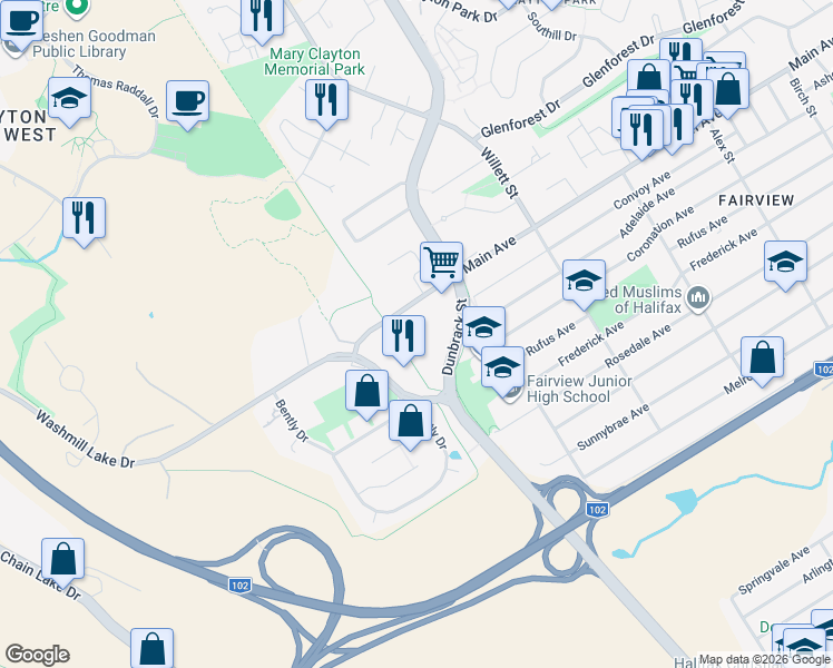 map of restaurants, bars, coffee shops, grocery stores, and more near 32 Veronica Drive in Halifax