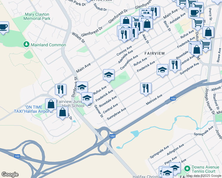 map of restaurants, bars, coffee shops, grocery stores, and more near 135 Frederick Avenue in Halifax