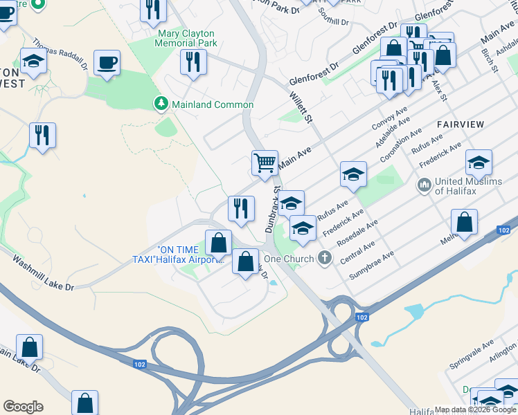 map of restaurants, bars, coffee shops, grocery stores, and more near 36 Veronica Drive in Halifax