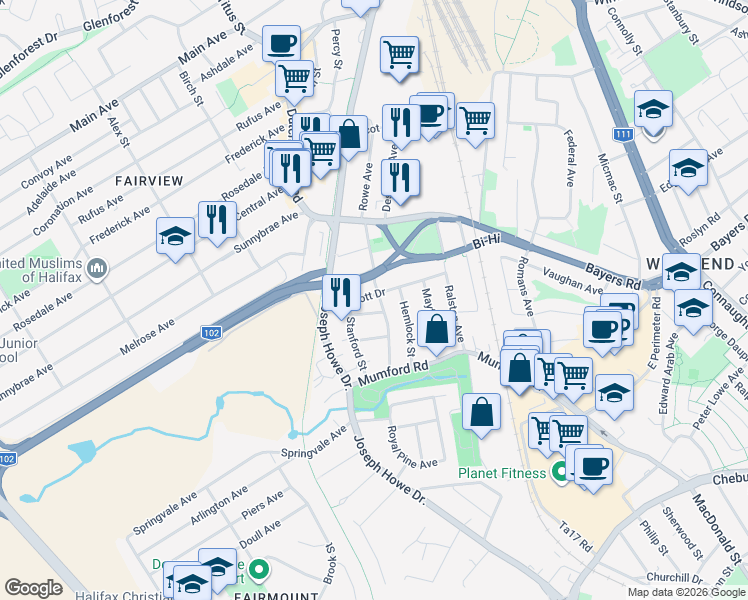 map of restaurants, bars, coffee shops, grocery stores, and more near 3198 Ashburn Avenue in Halifax